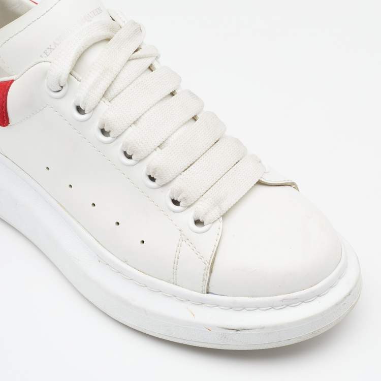 Pre Owned Alexander McQueen White/Red Leather and Suede Oversized Low Top Sneakers Size 38