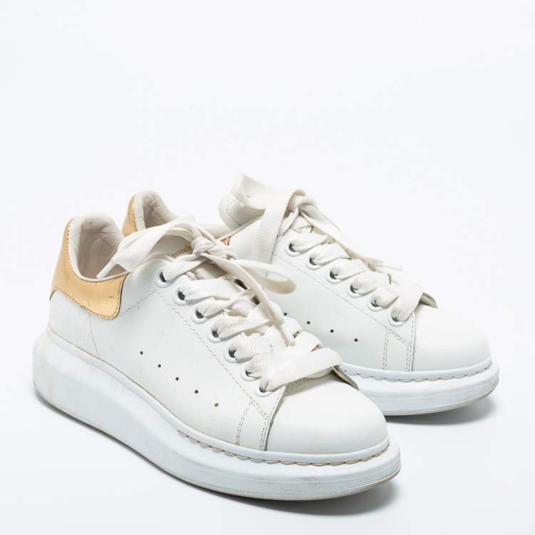 Pre Owned Alexander McQueen White/Gold Leather Oversized Sneakers Size 37