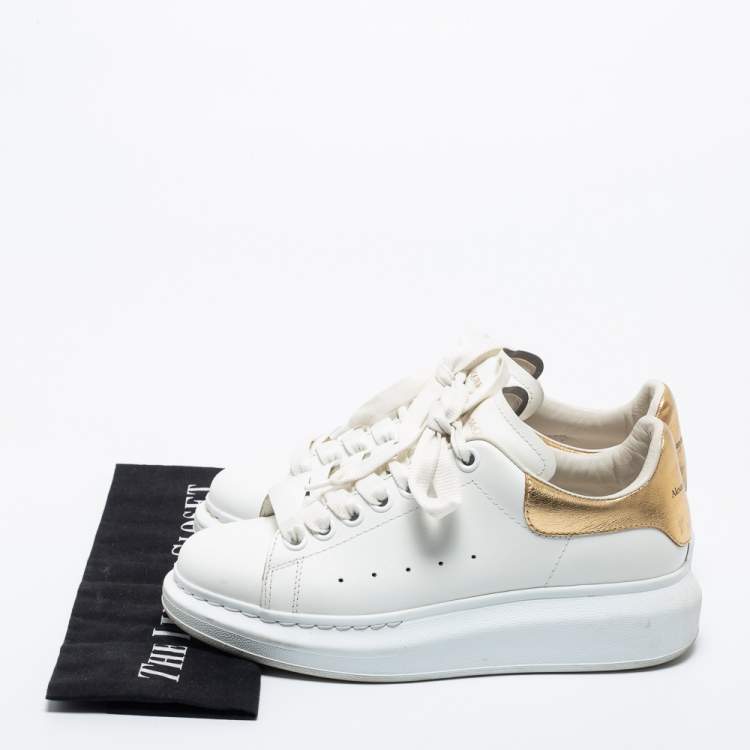 Pre Owned Alexander McQueen White/Gold Leather Oversized Sneakers Size 37