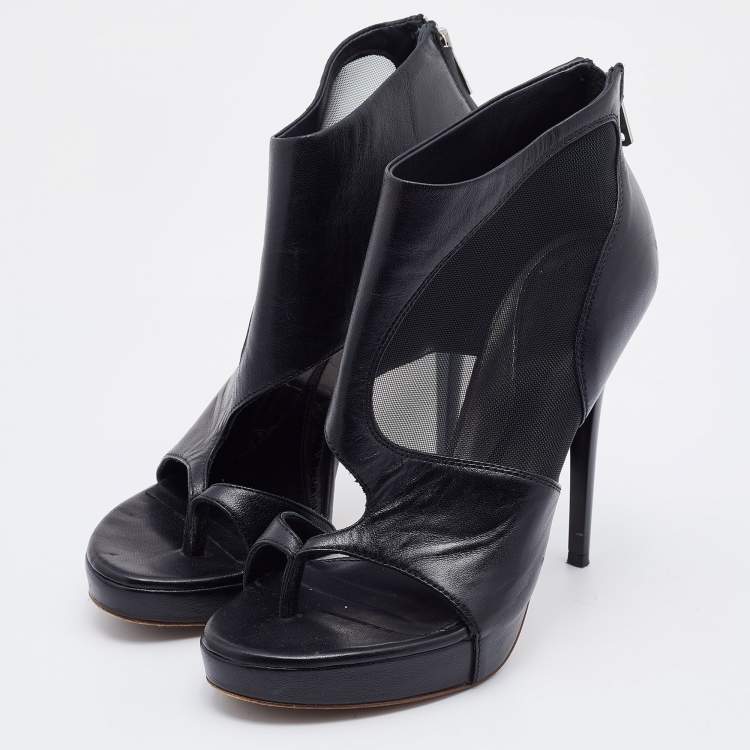 Pre Owned Alexander McQueen Black Leather and Mesh Toe Ring Booties Size 37 