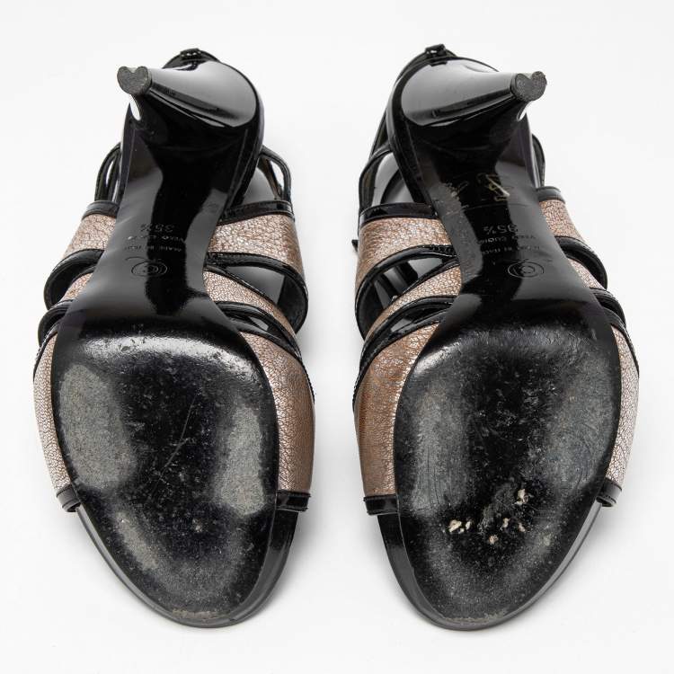 Pre Owned Alexander McQueen Black/Silver Leather and Patent Ankle Strap Sandals Size 35.5