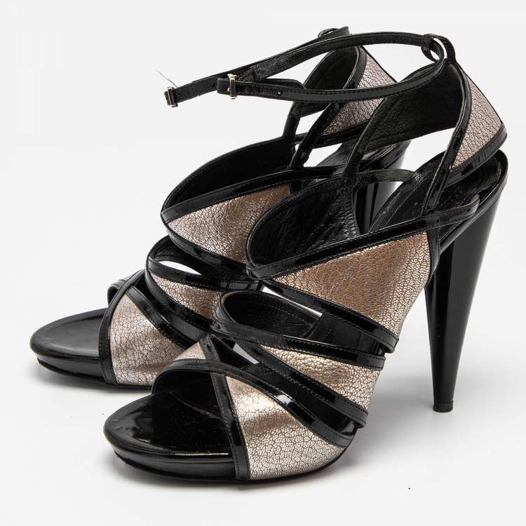 Pre Owned Alexander McQueen Black/Silver Leather and Patent Ankle Strap Sandals Size 35.5