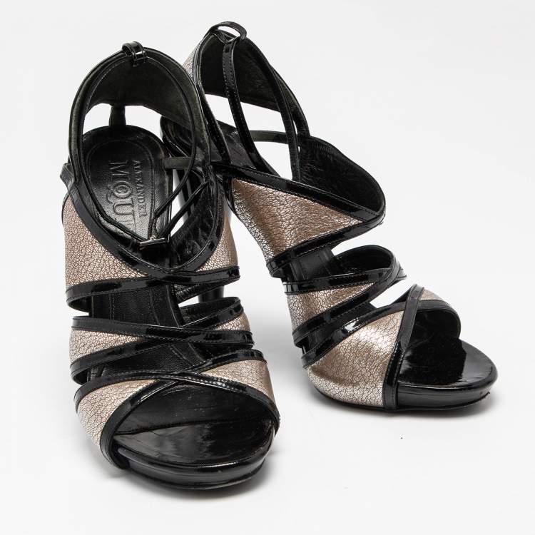 Pre Owned Alexander McQueen Black/Silver Leather and Patent Ankle Strap Sandals Size 35.5