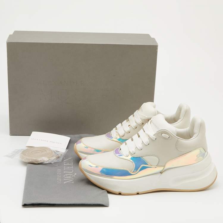 Pre Owned Alexander McQueen White/Holographic Leather Oversized Runner Sneakers Size 38