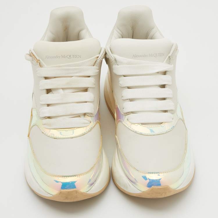 Pre Owned Alexander McQueen White/Holographic Leather Oversized Runner Sneakers Size 38