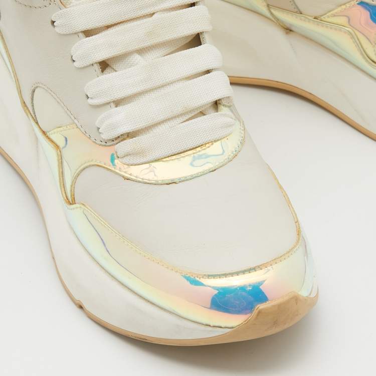 Pre Owned Alexander McQueen White/Holographic Leather Oversized Runner Sneakers Size 38