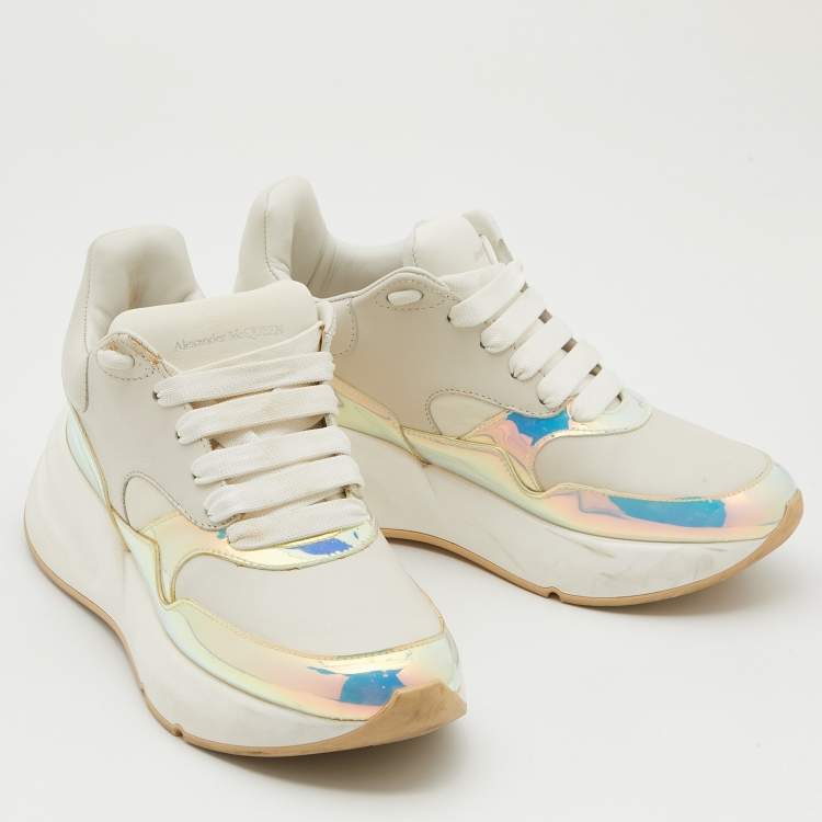Pre Owned Alexander McQueen White/Holographic Leather Oversized Runner Sneakers Size 38