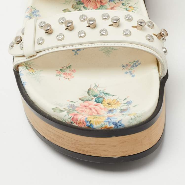Pre Owned Alexander McQueen Cream Leather Flower Print Flat Slides Size 38.5