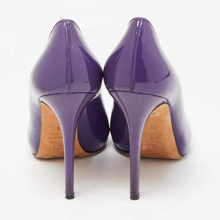Pre Owned Alexander McQueen Purple Patent Leather Crystal Embellished Skull Peep Toe Pumps Size 38