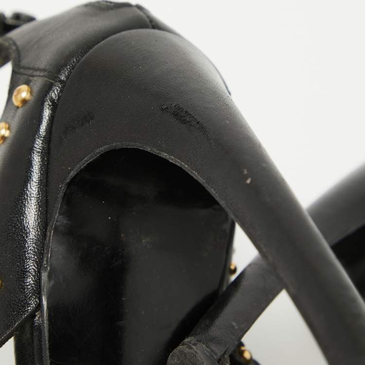 Pre Owned Alexander McQueen Black Leather Studded Caged Platform Booties Size 36