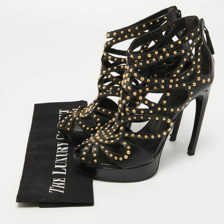 Pre Owned Alexander McQueen Black Leather Studded Caged Platform Booties Size 36
