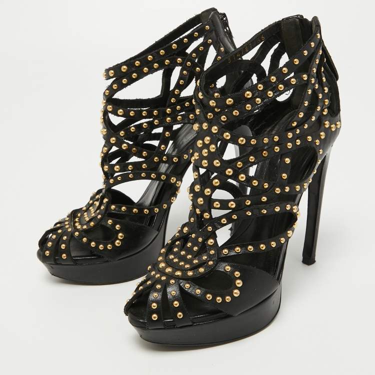 Pre Owned Alexander McQueen Black Leather Studded Caged Platform Booties Size 36