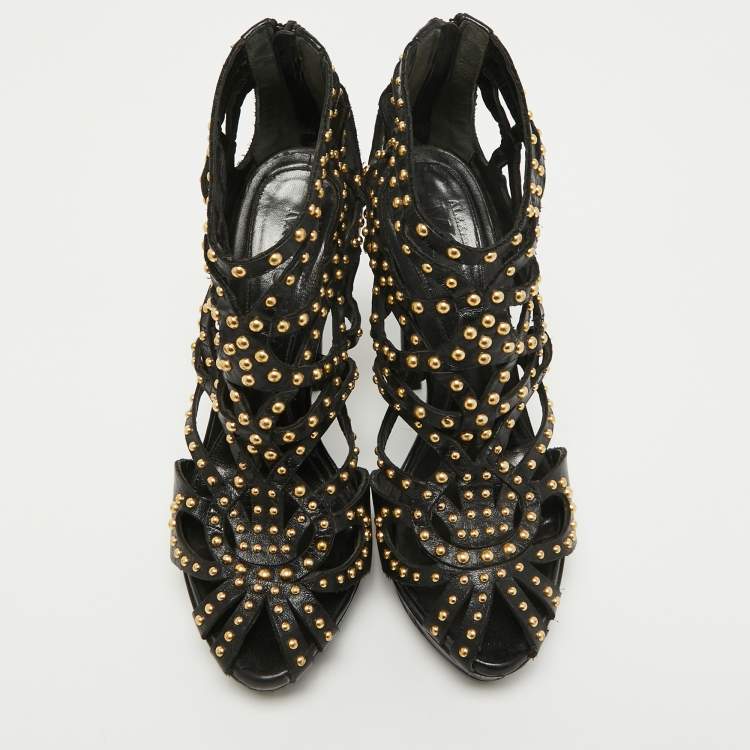Pre Owned Alexander McQueen Black Leather Studded Caged Platform Booties Size 36