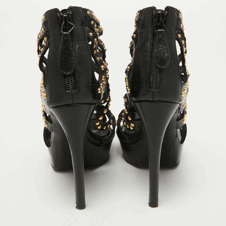 Pre Owned Alexander McQueen Black Leather Studded Caged Platform Booties Size 36