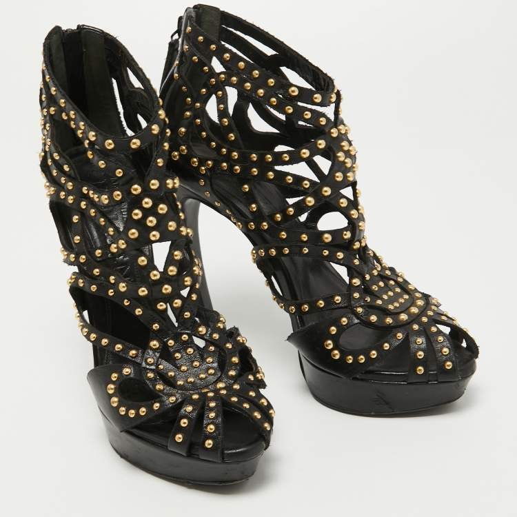 Pre Owned Alexander McQueen Black Leather Studded Caged Platform Booties Size 36