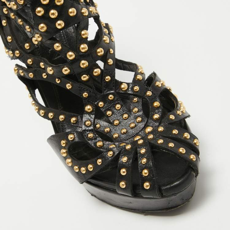 Pre Owned Alexander McQueen Black Leather Studded Caged Platform Booties Size 36