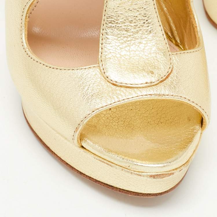 Pre Owned Alexander McQueen Gold Leather Caged Platform Sandals Size 37.5