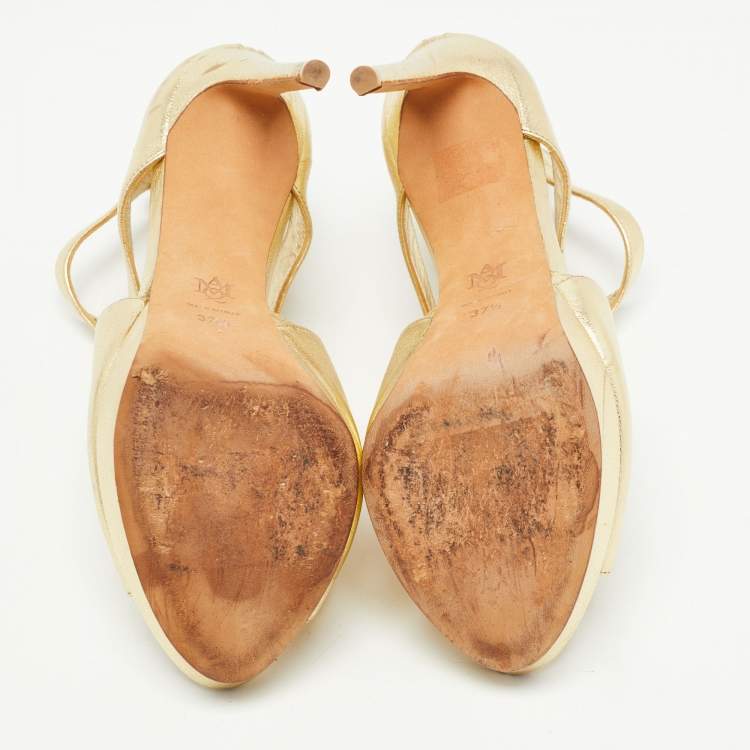 Pre Owned Alexander McQueen Gold Leather Caged Platform Sandals Size 37.5