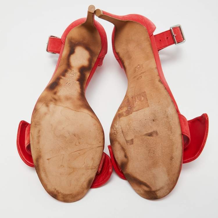 Pre Owned Alexander McQueen Red Suede and Leather Bow Ankle Strap Sandals Size 40