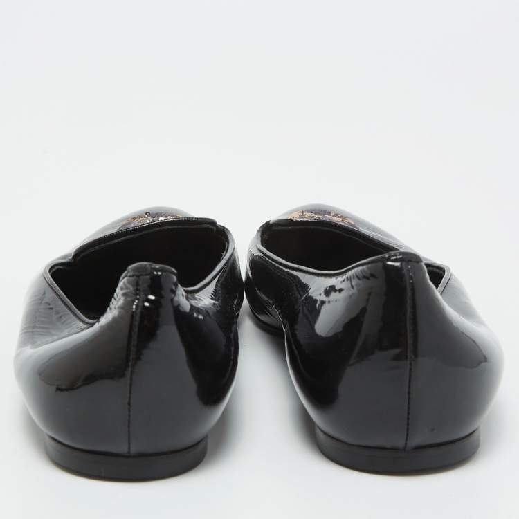 Pre Owned Alexander McQueen Black Patent Leather Sequin Skull Smoking Slippers Size 39