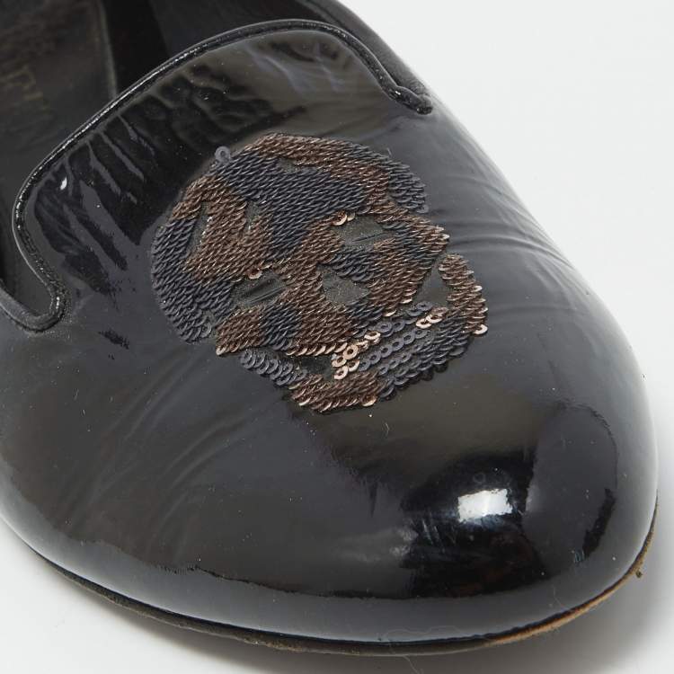 Pre Owned Alexander McQueen Black Patent Leather Sequin Skull Smoking Slippers Size 39