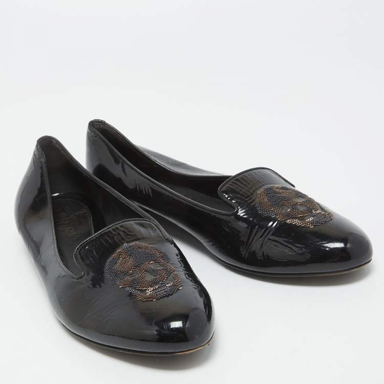 Pre Owned Alexander McQueen Black Patent Leather Sequin Skull Smoking Slippers Size 39