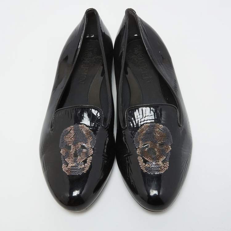 Pre Owned Alexander McQueen Black Patent Leather Sequin Skull Smoking Slippers Size 39