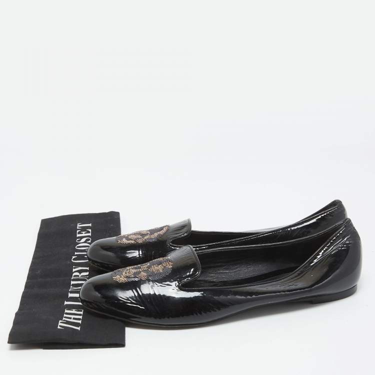 Pre Owned Alexander McQueen Black Patent Leather Sequin Skull Smoking Slippers Size 39