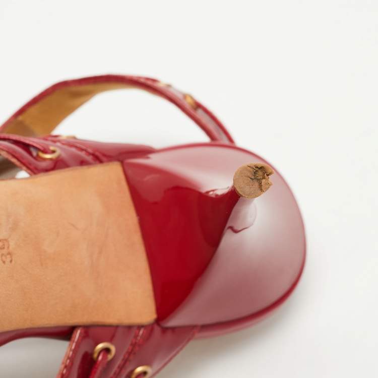 Pre Owned Alexander McQueen Red Patent Leather Lace Up Ankle Strap Sandals Size 39