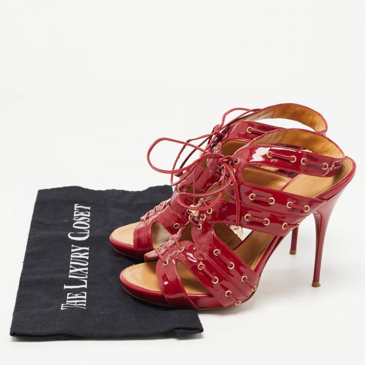 Pre Owned Alexander McQueen Red Patent Leather Lace Up Ankle Strap Sandals Size 39