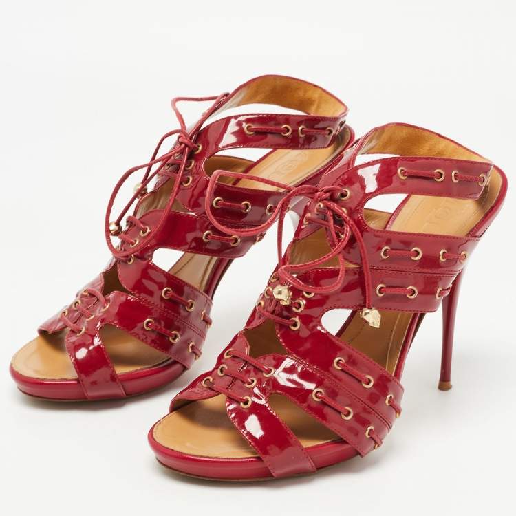 Pre Owned Alexander McQueen Red Patent Leather Lace Up Ankle Strap Sandals Size 39