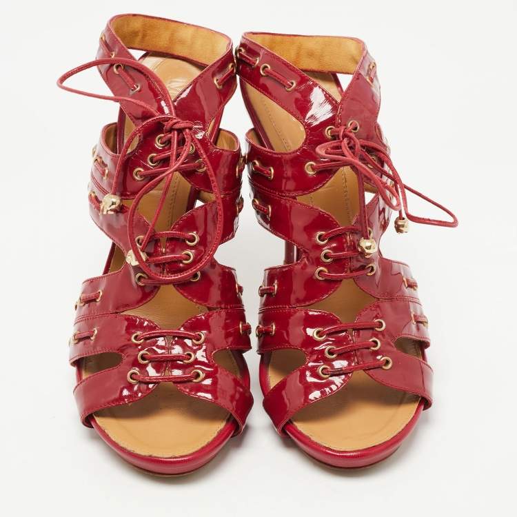 Pre Owned Alexander McQueen Red Patent Leather Lace Up Ankle Strap Sandals Size 39