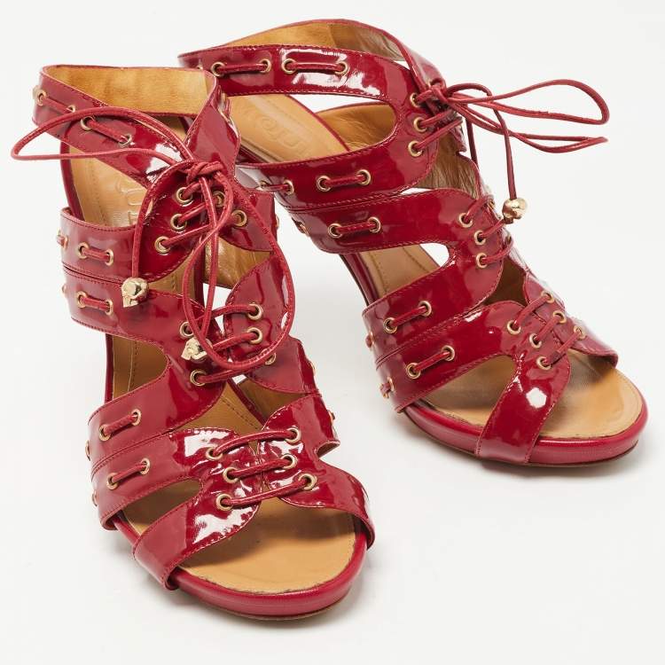 Pre Owned Alexander McQueen Red Patent Leather Lace Up Ankle Strap Sandals Size 39