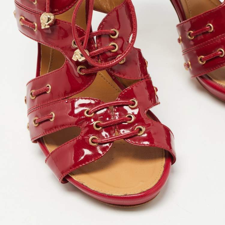 Pre Owned Alexander McQueen Red Patent Leather Lace Up Ankle Strap Sandals Size 39