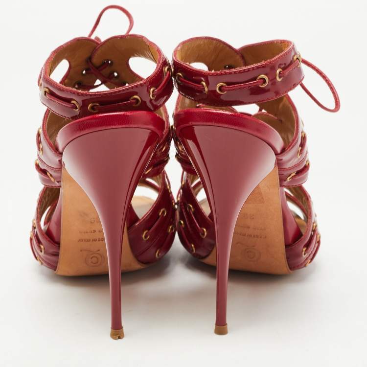 Pre Owned Alexander McQueen Red Patent Leather Lace Up Ankle Strap Sandals Size 39