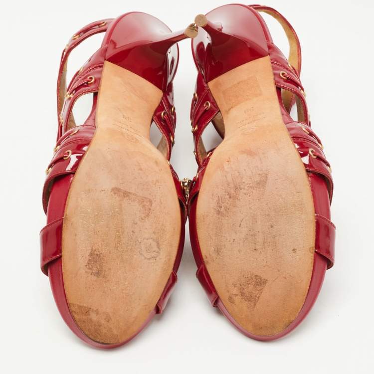 Pre Owned Alexander McQueen Red Patent Leather Lace Up Ankle Strap Sandals Size 39