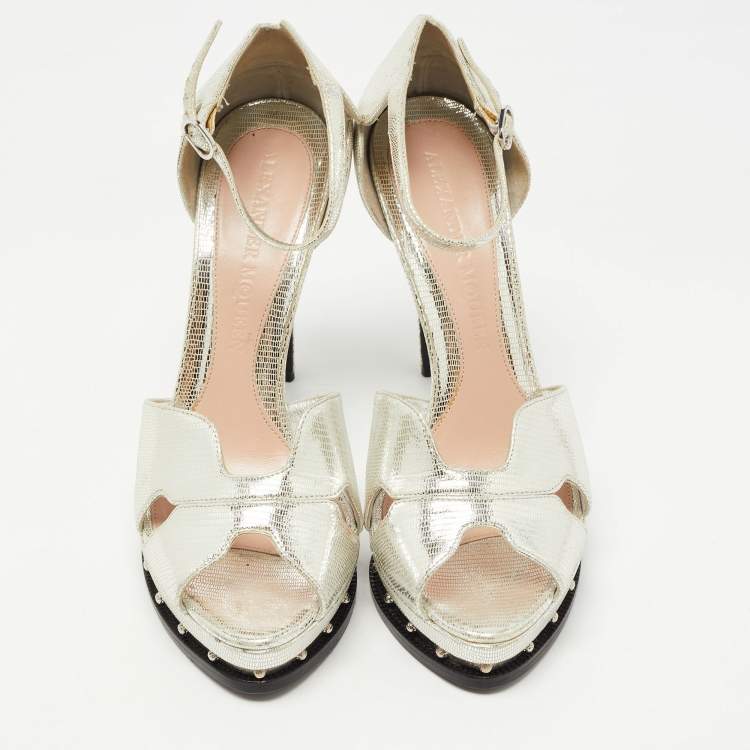 Pre Owned Alexander McQueen Silver Leather Studded Platform Ankle-Strap Sandals Size 39.5