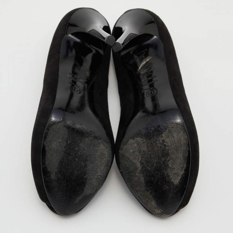Pre Owned Alexander McQueen Black Suede Skull Peep Toe Pumps Size 38.5