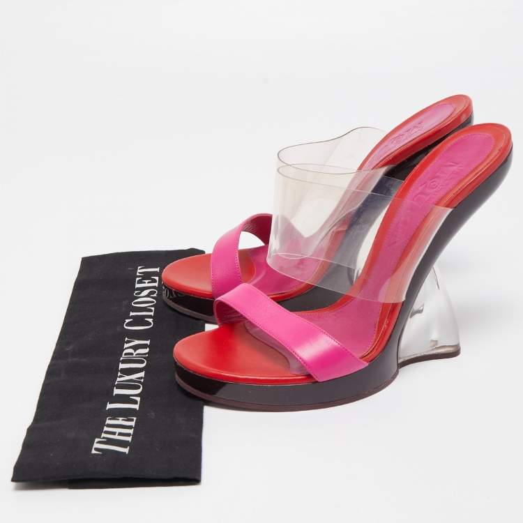 Pre Owned Alexander McQueen Multicolor Leather and PVC Bold Plexi Heel Peep Toe Wedge Sandals Size 40