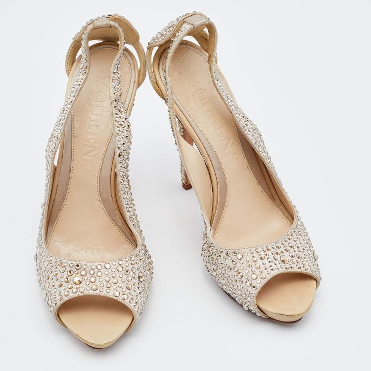 Pre Owned Alexander McQueen Beige Satin Crystal Embellished Peep Toe Pumps Size 38.5