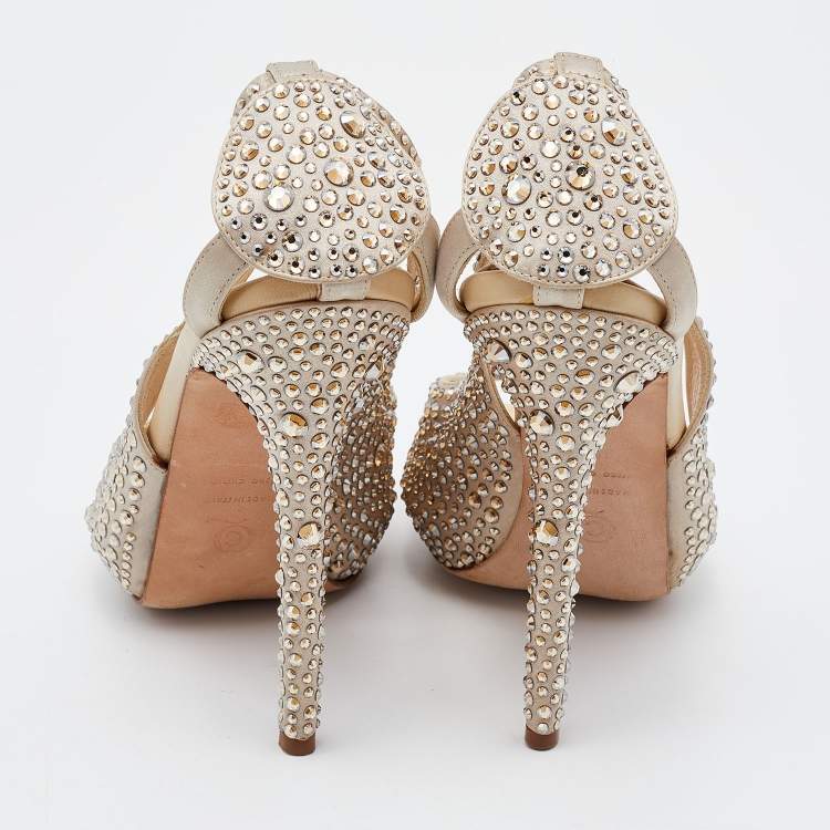 Pre Owned Alexander McQueen Beige Satin Crystal Embellished Peep Toe Pumps Size 38.5