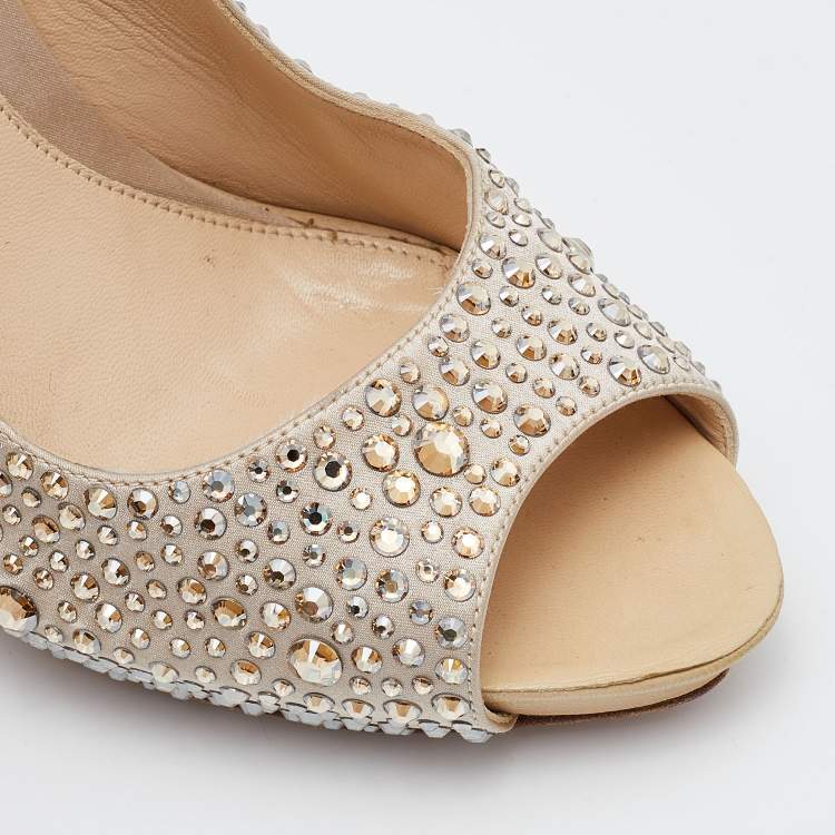 Pre Owned Alexander McQueen Beige Satin Crystal Embellished Peep Toe Pumps Size 38.5