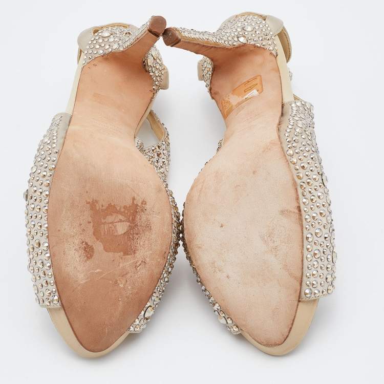 Pre Owned Alexander McQueen Beige Satin Crystal Embellished Peep Toe Pumps Size 38.5