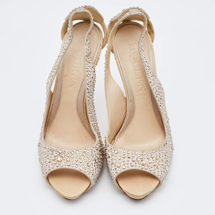 Pre Owned Alexander McQueen Beige Satin Crystal Embellished Peep Toe Pumps Size 38.5