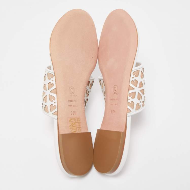 Pre Owned Alexander McQueen White/Beige Laser Cut  Leather and Suede Toe Ring Flat Sandals Size 38.5