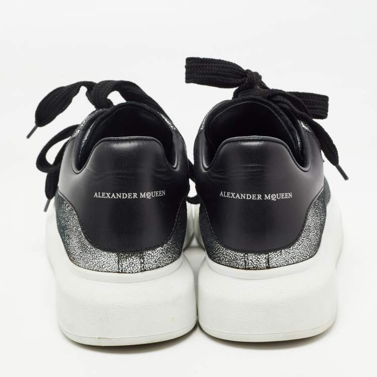 Pre Owned Alexander McQueen Metallic Grey/Black Laminated Suede and Leather Oversized  Sneakers Size 40