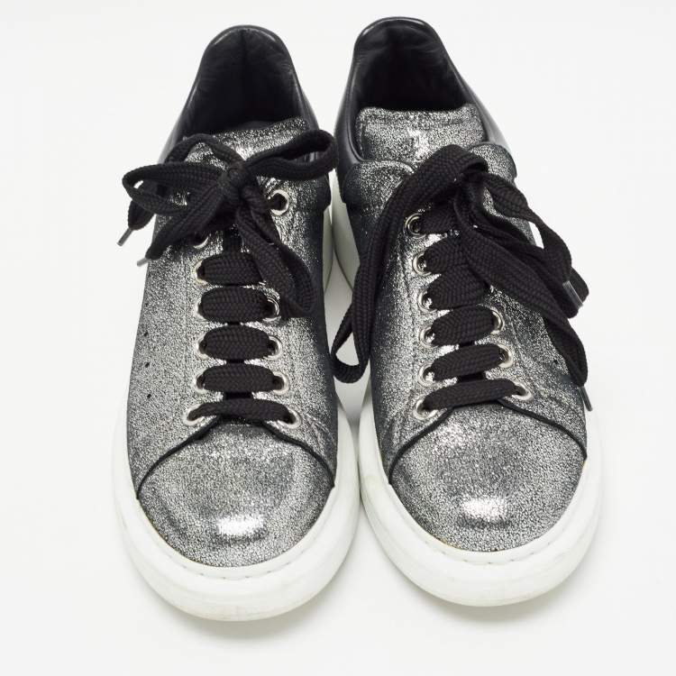Pre Owned Alexander McQueen Metallic Grey/Black Laminated Suede and Leather Oversized  Sneakers Size 40