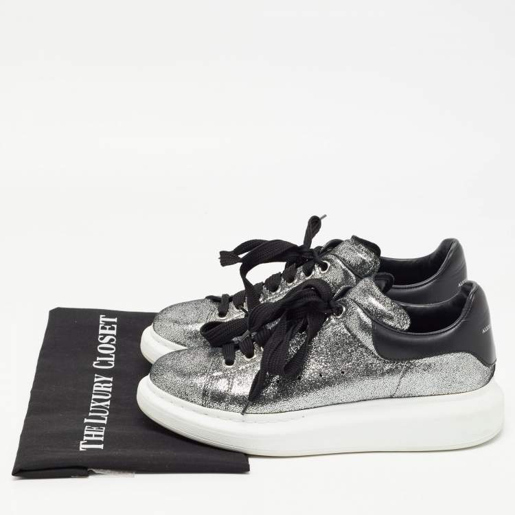 Pre Owned Alexander McQueen Metallic Grey/Black Laminated Suede and Leather Oversized  Sneakers Size 40