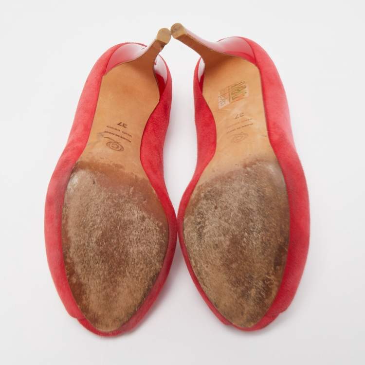 Pre Owned Alexander McQueen Red Suede Skull Peep Toe Pumps Size 37