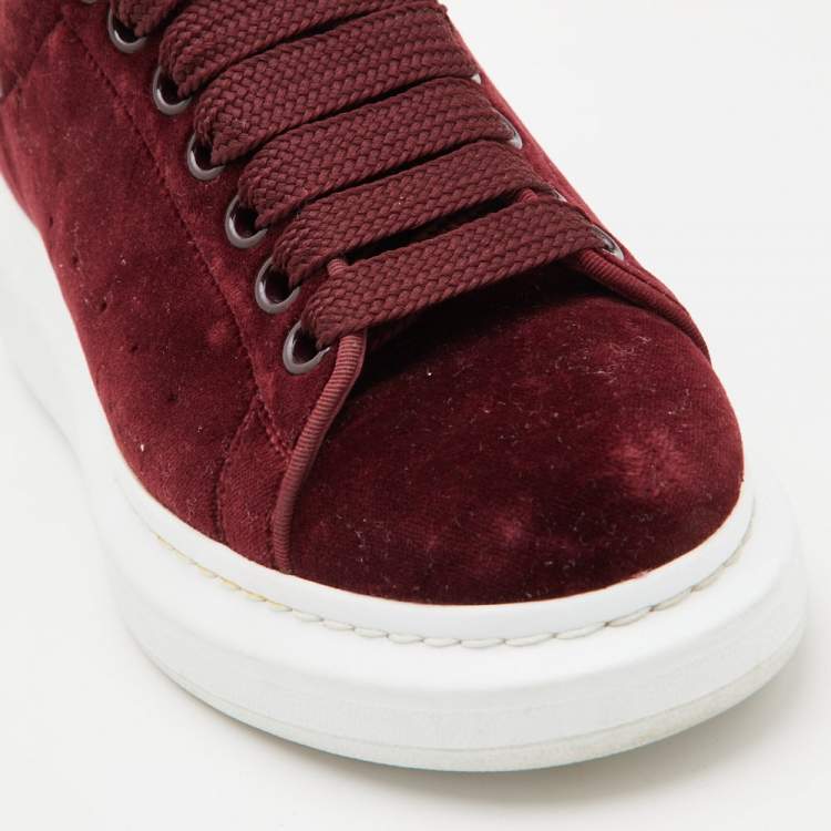 Pre Owned Alexander McQueen Burgundy Velvet and Karung Leather Oversized Low Top  Sneakers Size 38.5